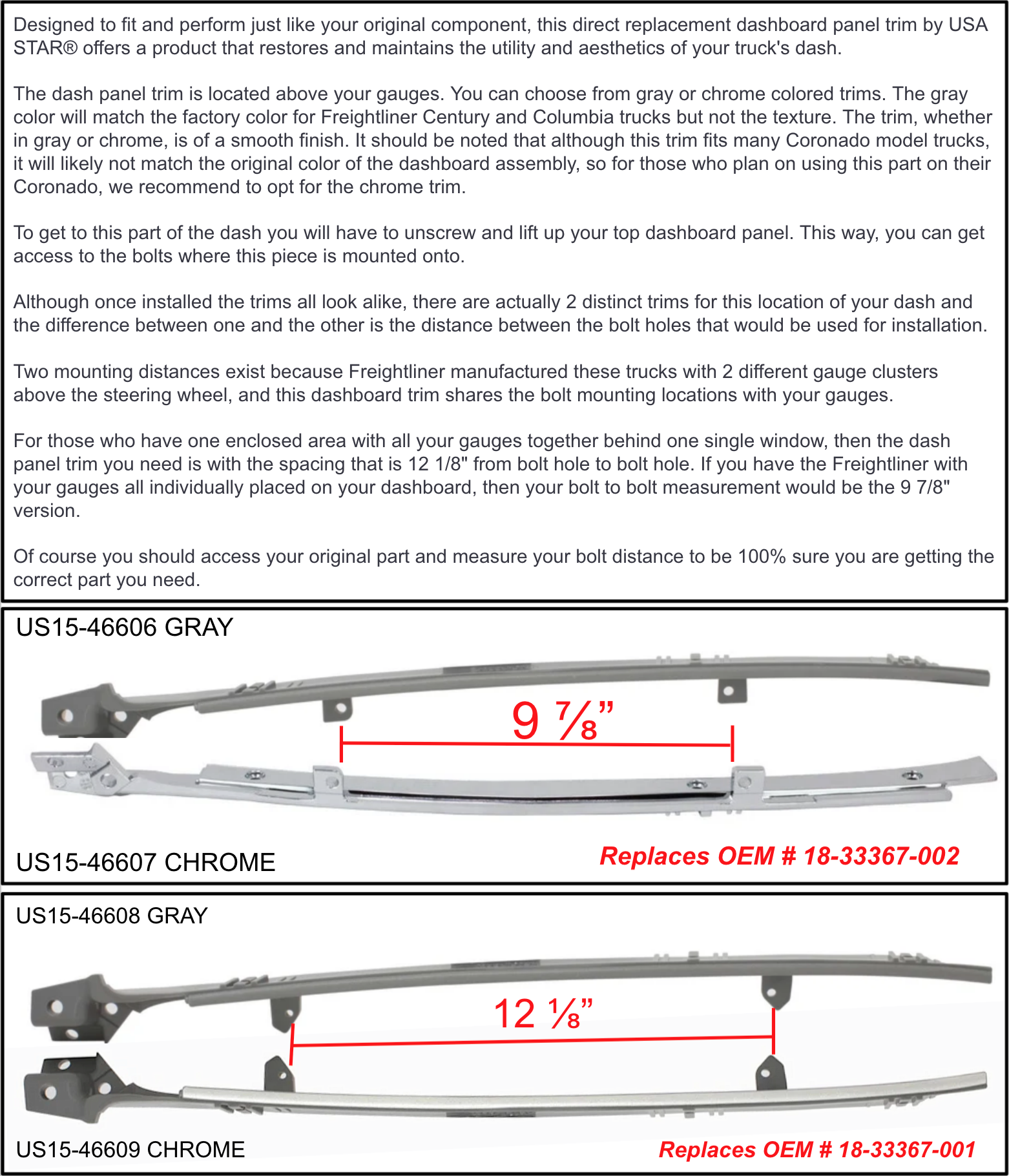 Dash Top of Gauge CHROME Trim Fits Freightliner Century W/Gauges Indiv