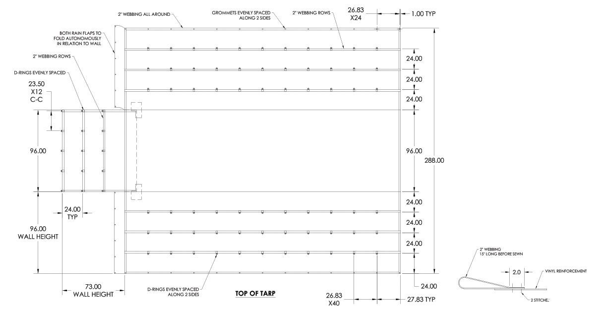 Flat Bed 24’ x 27’ W/8’ DROP Lumber Tarp 18oz / 14oz,  Vinyl W/ 3 D-Ring Rows & 1 End Flap  — SKU US39-32408-BLACK