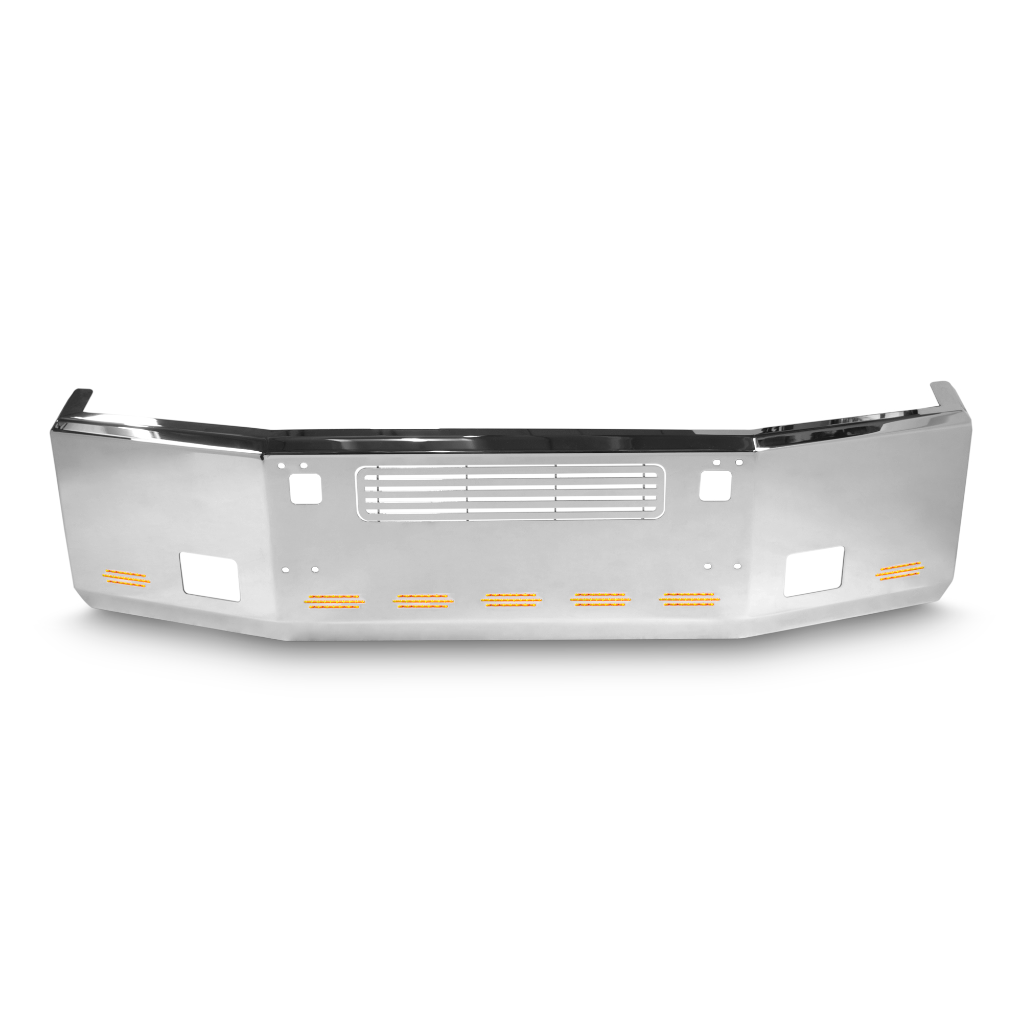 20” Chrome Bumper (Kenworth T800 1986-2003) Aero, W/ Grille Installed, Tow hole, Fog hole & 9 Hidden Light Holes — SKU US20-59040