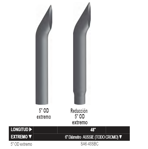 Chrome Aussie (Short 30) Top Stack 48”L X 6” O.D Reduced To 5” — SKU SA6-48SBC