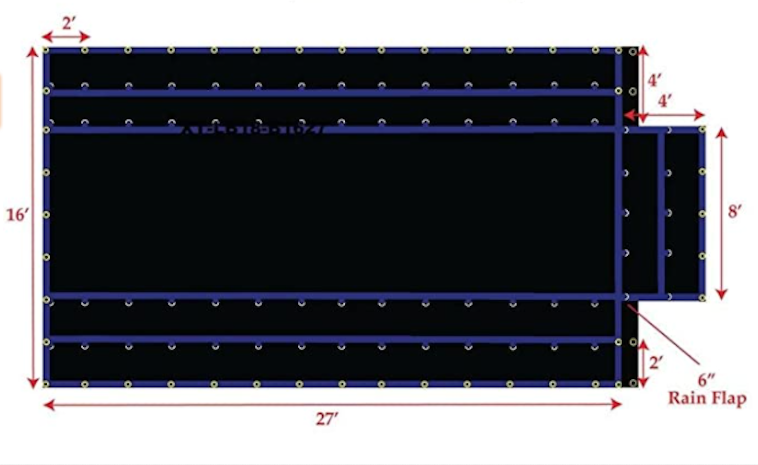 Flat Bed 16’ x 27’ x 4’ DROP Lumber Tarp 18oz / 14oz, Vinyl W/ 2 D-Ring Rows & 1 End Flaps (Light Weight) — SKU US39-31604